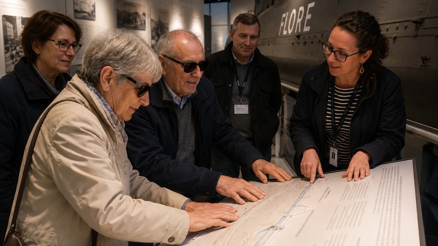 Un groupe de personnes déficientes visuelles découvrent une maquette tactile lors d'une visite du sous-marin Flore à Lorient.