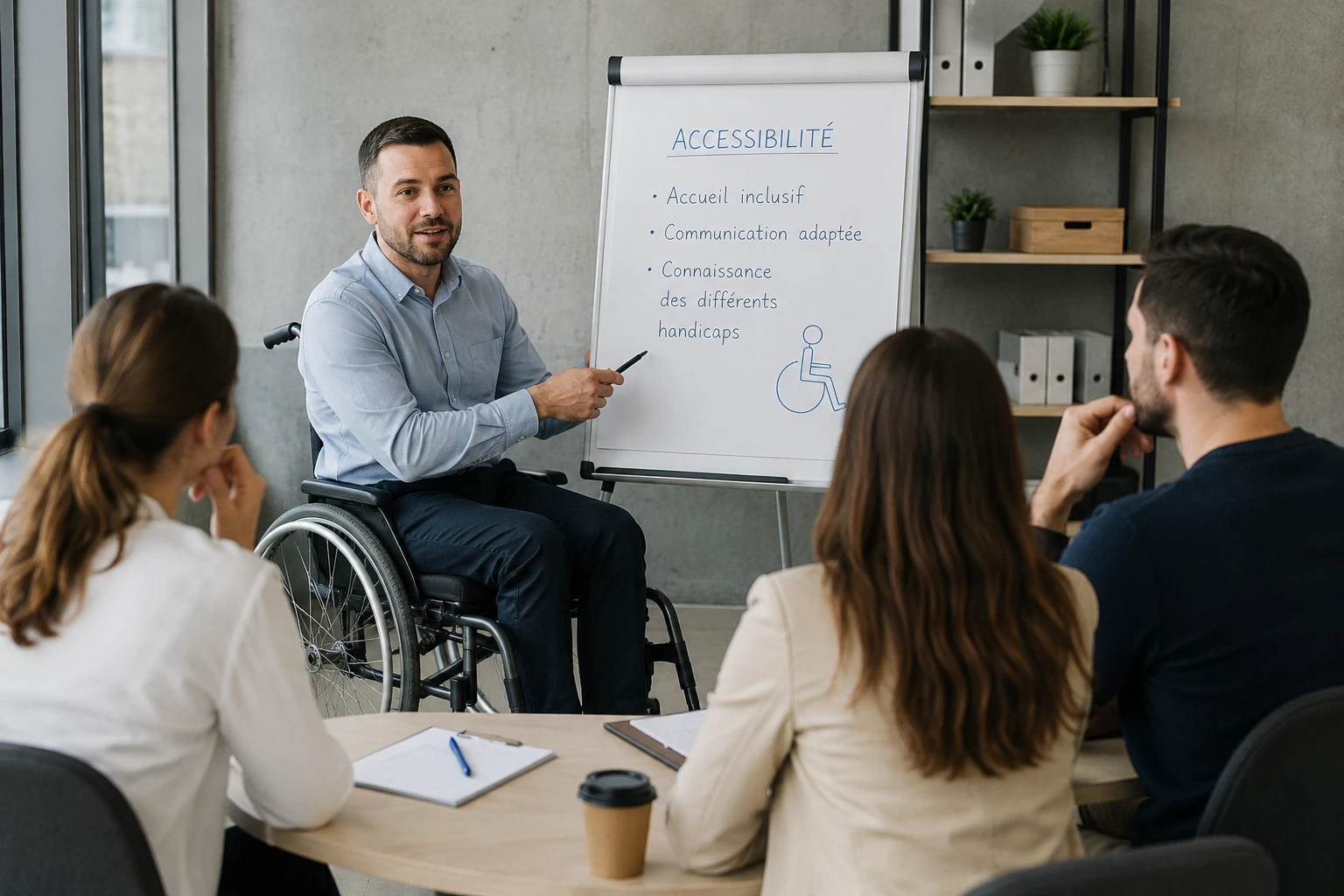 Un formateur en fauteuil roulant anime un atelier devant un groupe — accessibilité, communication adaptée, sensibilisation au handicap.