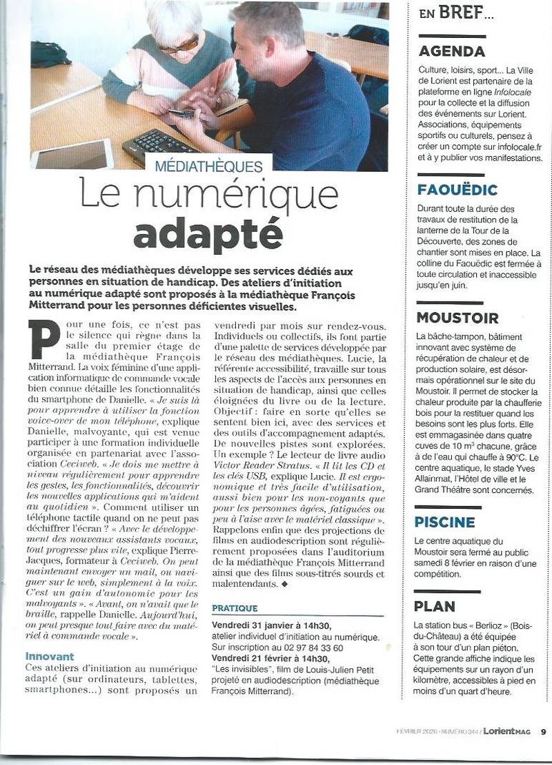 Page 9 du Lorient Mag n°344 (février 2020) : article « Le numérique adapté » consacré aux ateliers Céciweb à la médiathèque François Mitterrand, avec l'encart « En bref » du magazine.