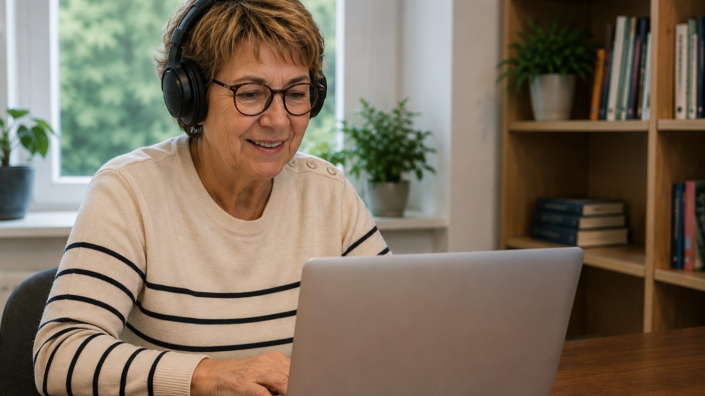 Une personne écoute un document audio avec un casque devant son ordinateur.