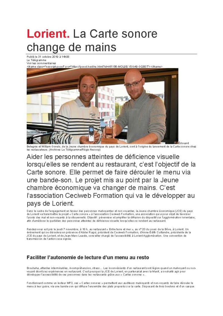 Prelière page de l'article du télégramme intitulé: 'La carte sonore change de main'.