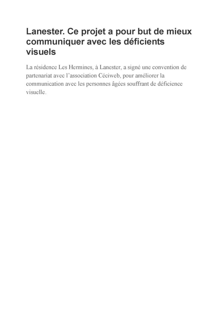 Première page de l'article du Ouest-France intitulé :Lanester ce projet a pour but de mieux communiquer avec les déficients visuels.