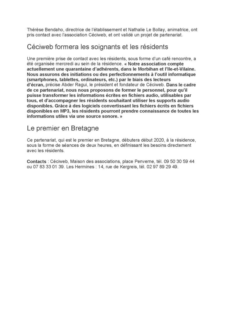 Troisième page de l'article du Ouest-France intitulé :Lanester ce projet a pour but de mieux communiquer avec les déficients visuels.